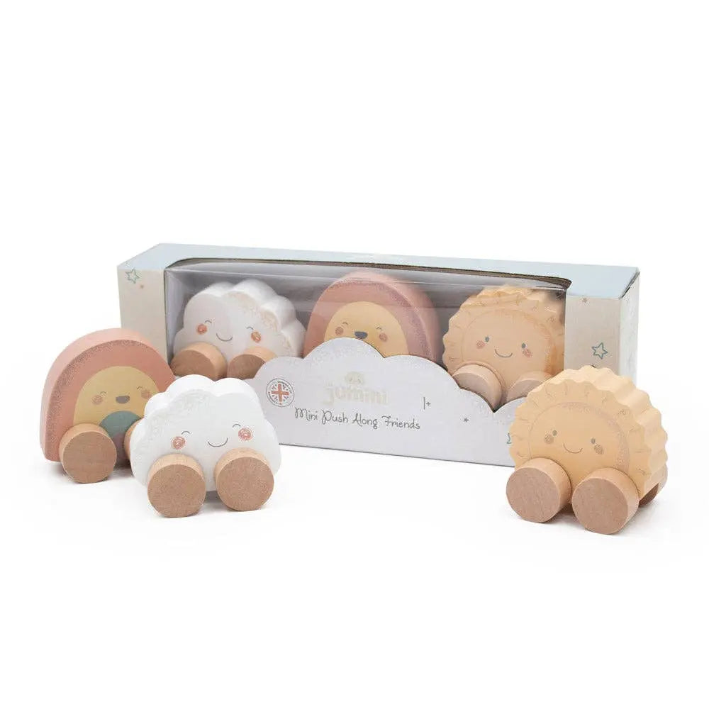 Set of wooden toys in a packaging box on a white background