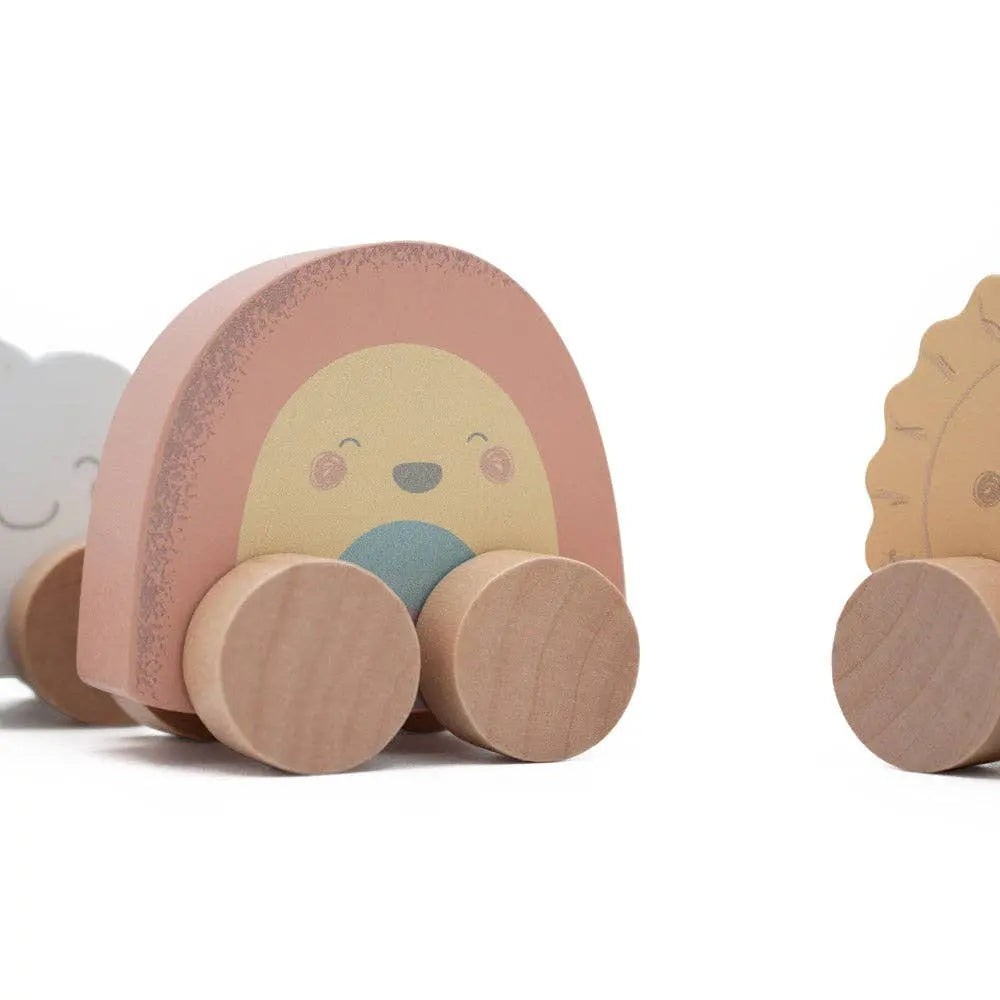 Wooden rainbow toy with a face on a white background