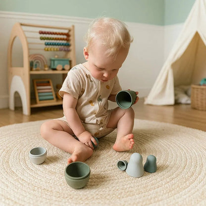 Child playing with silicone nesting dolls on a rug in a room with toys and a playhouse.
