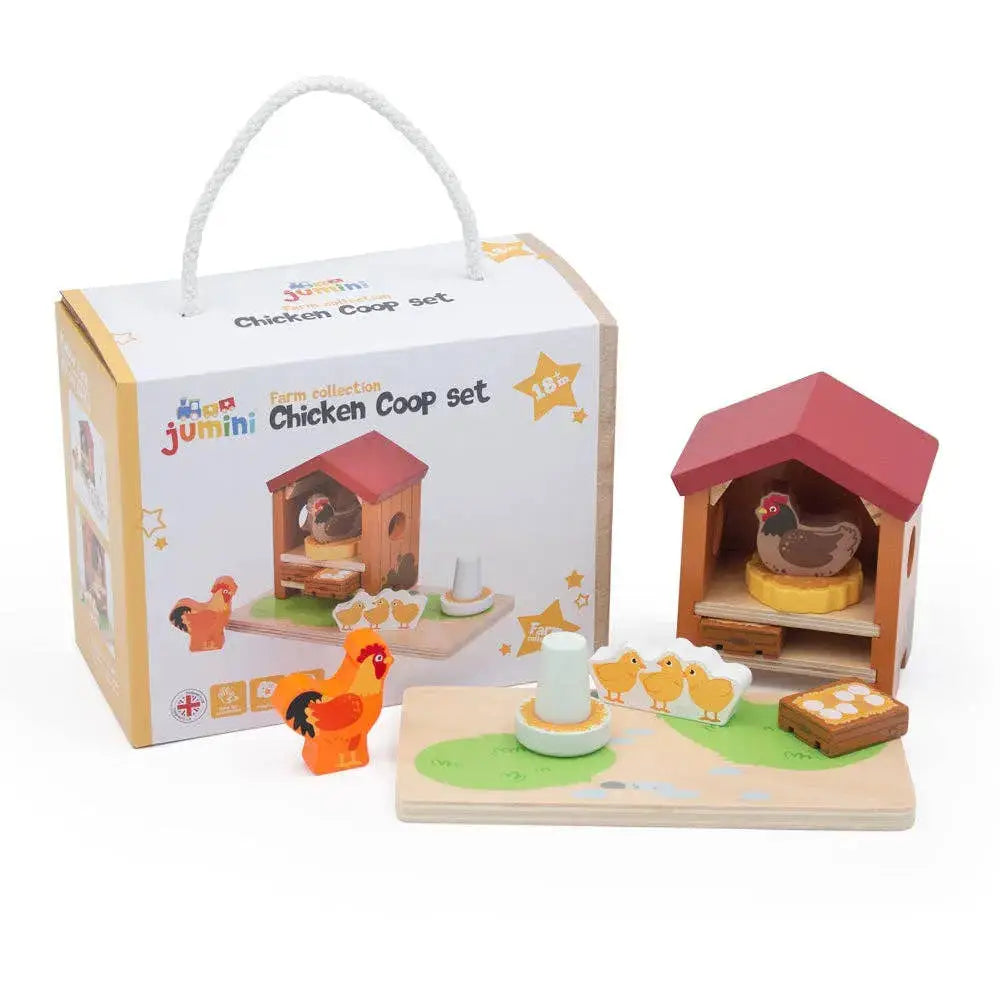 Wooden chicken coop set with animals and packaging on a white background