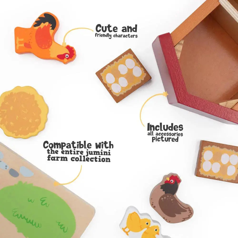 Wooden farm animal toys with a box on a white background, featuring text about compatibility and product details.