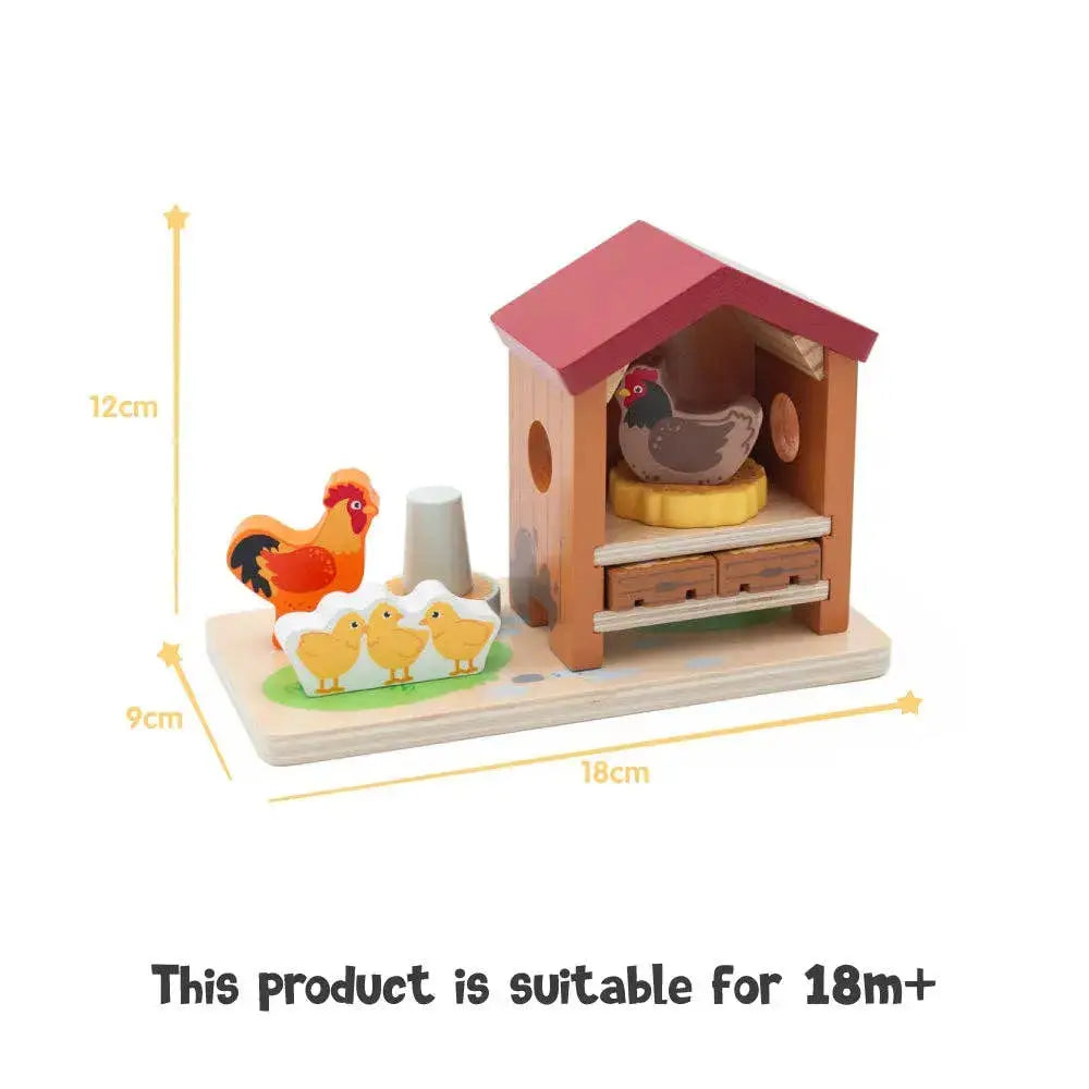 Children's toy set with a chicken coop and chickens, including measurements and suitability for age 18 months and up.