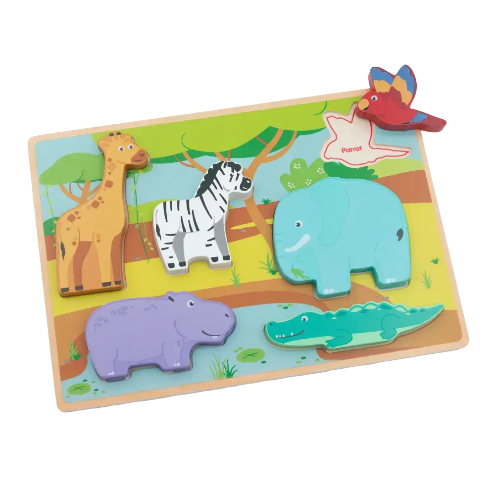 Children's wooden puzzle with colourful animal figures on a white background