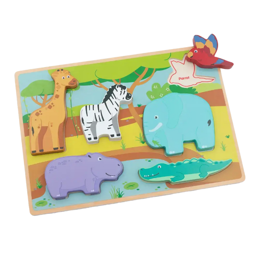 Children's wooden puzzle with colourful animal figures on a white background