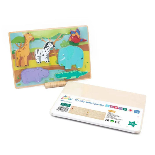 Children's wooden puzzle with animals and packaging on a white background