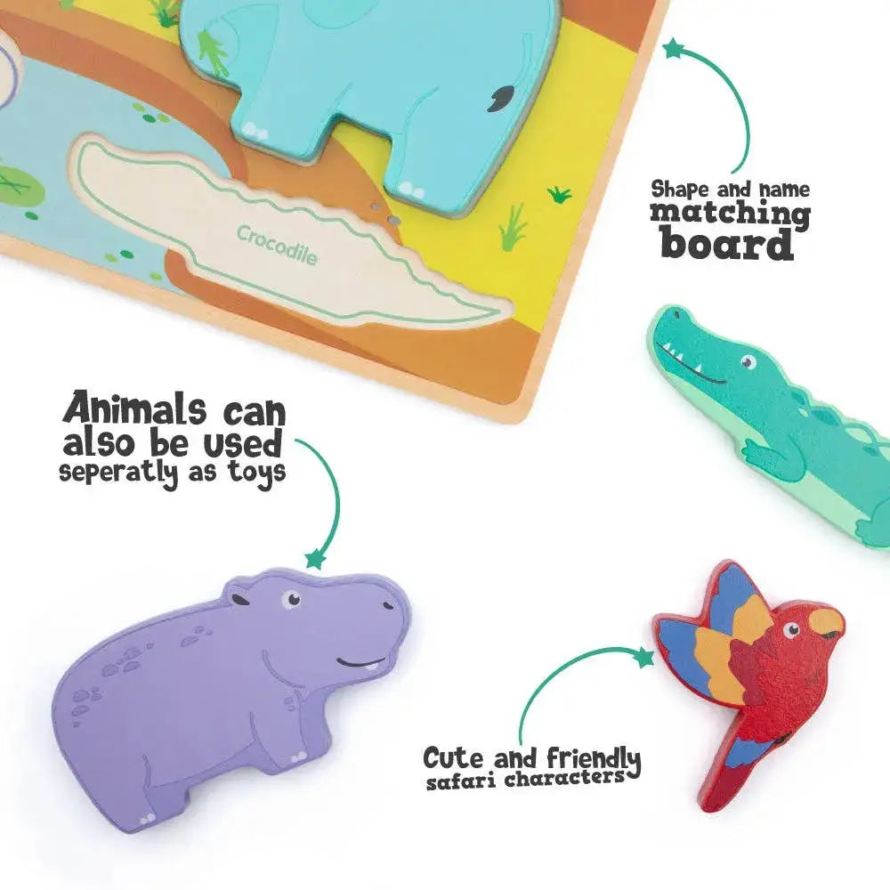 Wooden shape and name matching board with crocodile, hippo, and parrot toys on a white background.