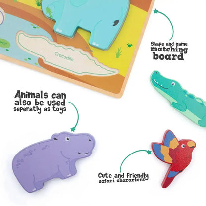 Wooden shape and name matching board with crocodile, hippo, and parrot toys on a white background.