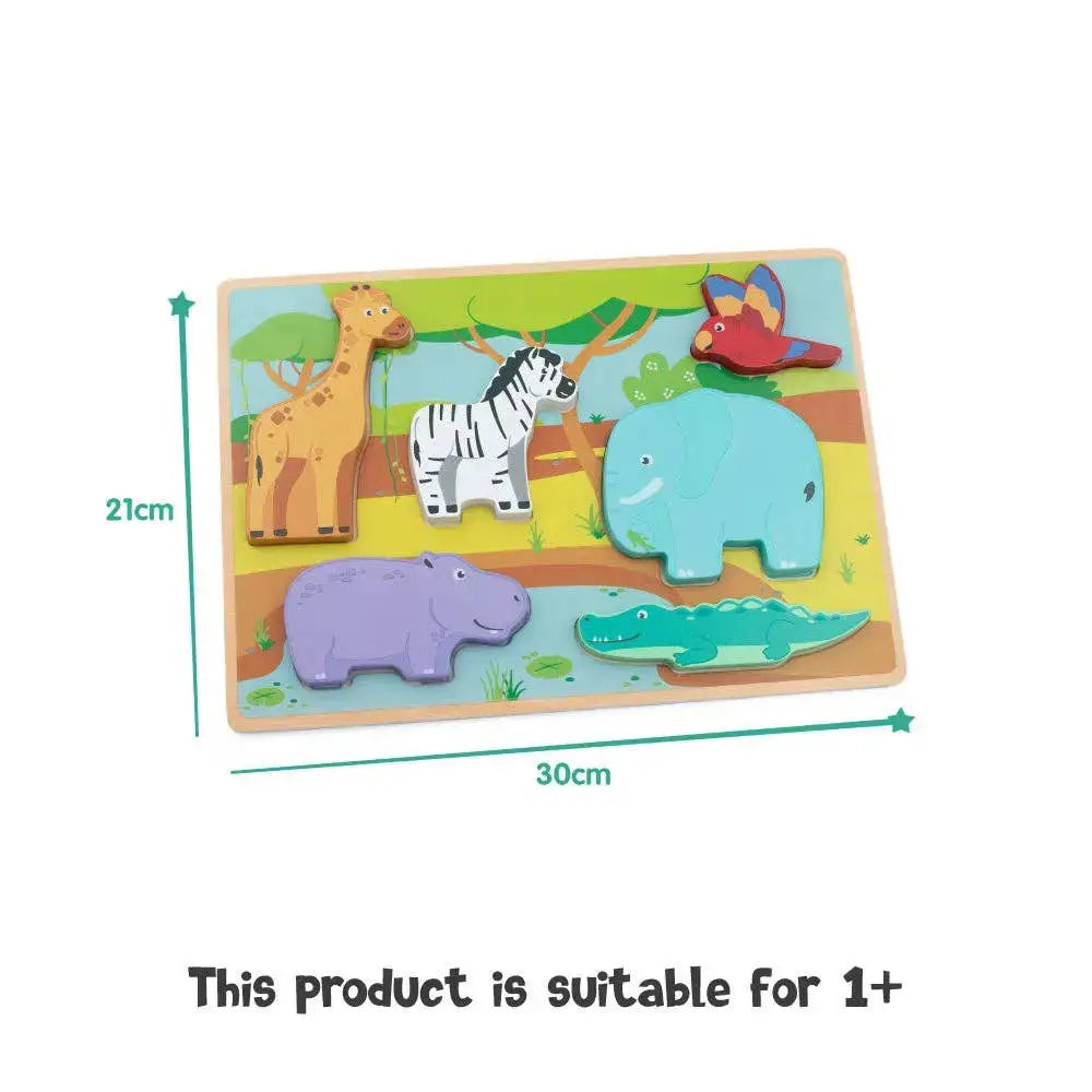 Wooden puzzle with animal figures and measurements on a white background
