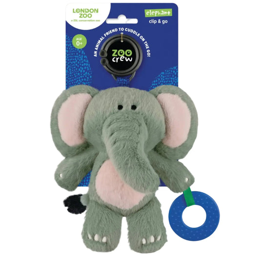 Plush elephant toy with a teether on a blue and white background