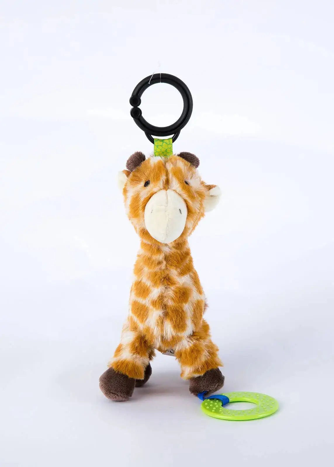 Plush giraffe toy with a clip on a white background