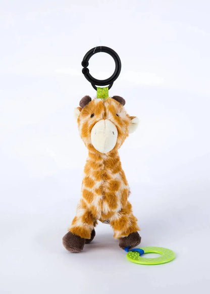 Plush giraffe toy with a clip on a white background