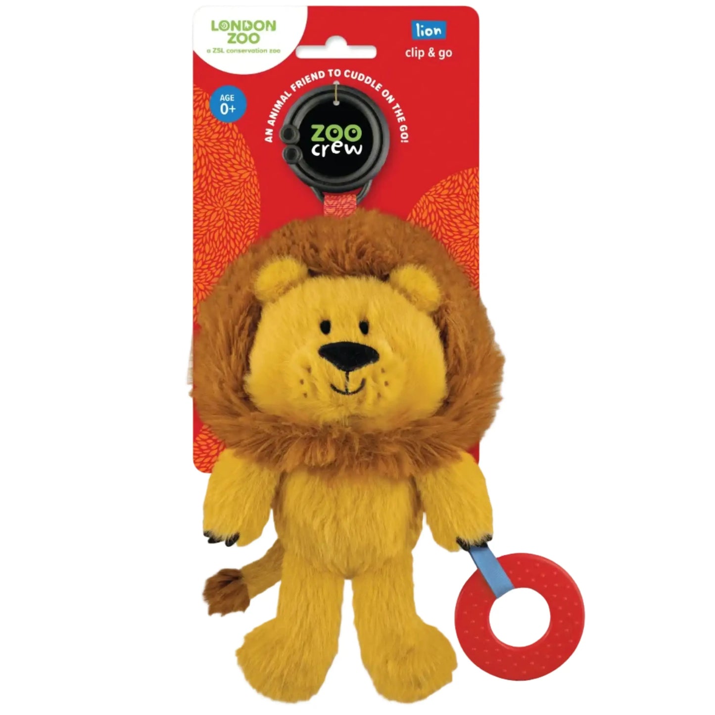 Plush lion toy with a red teether labeled 'London Zoo' on a white background
