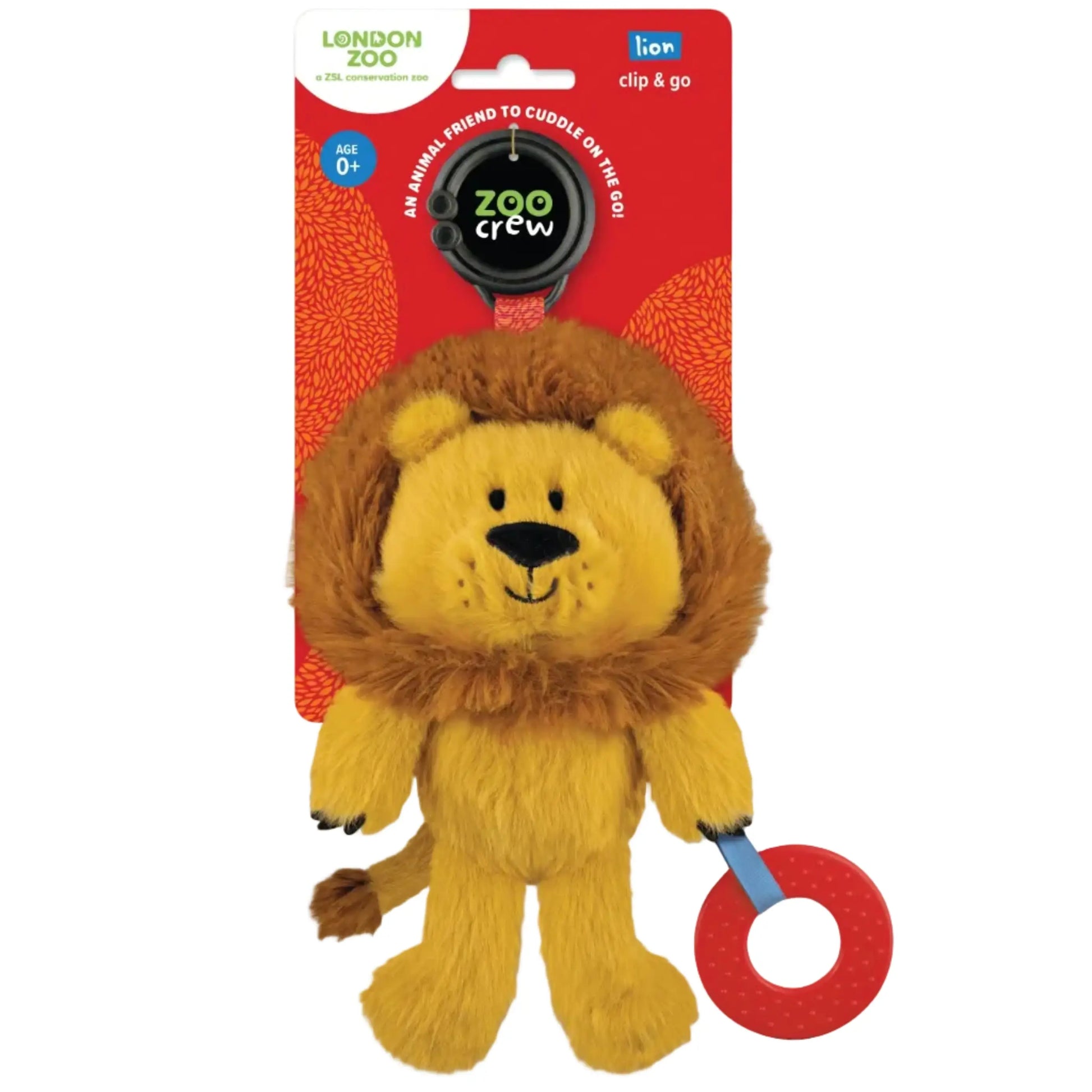 Plush lion toy with a red teether labeled 'London Zoo' on a white background