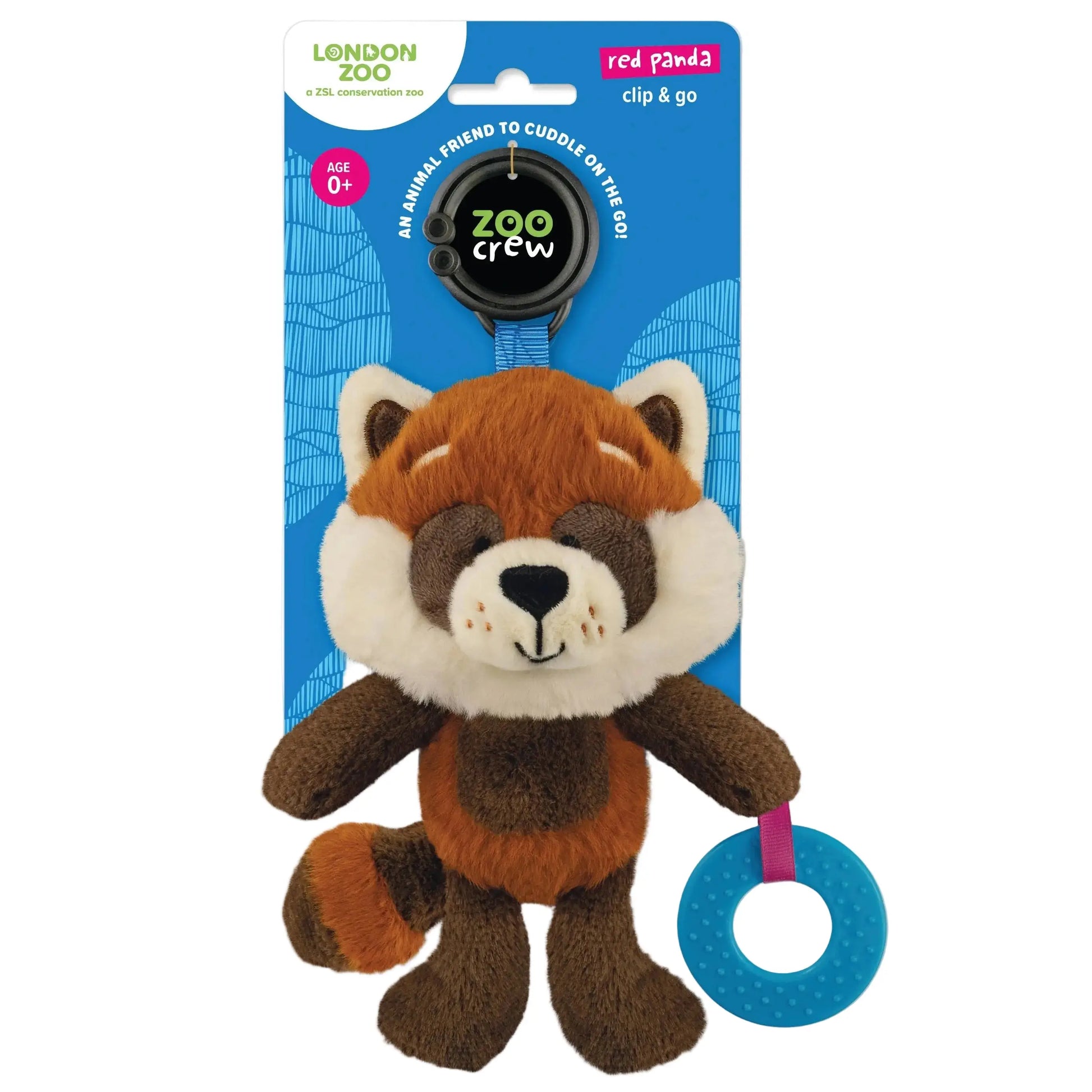 Plush red panda toy with a blue teether ring on a Zoo Crew packaging background