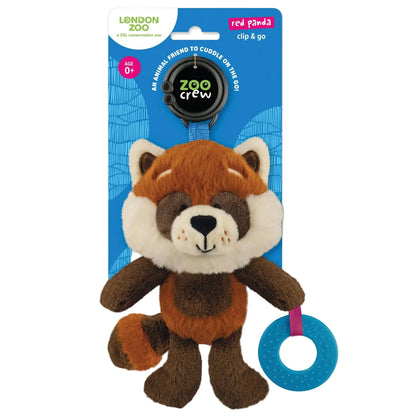 Plush red panda toy with a blue teether ring on a Zoo Crew packaging background