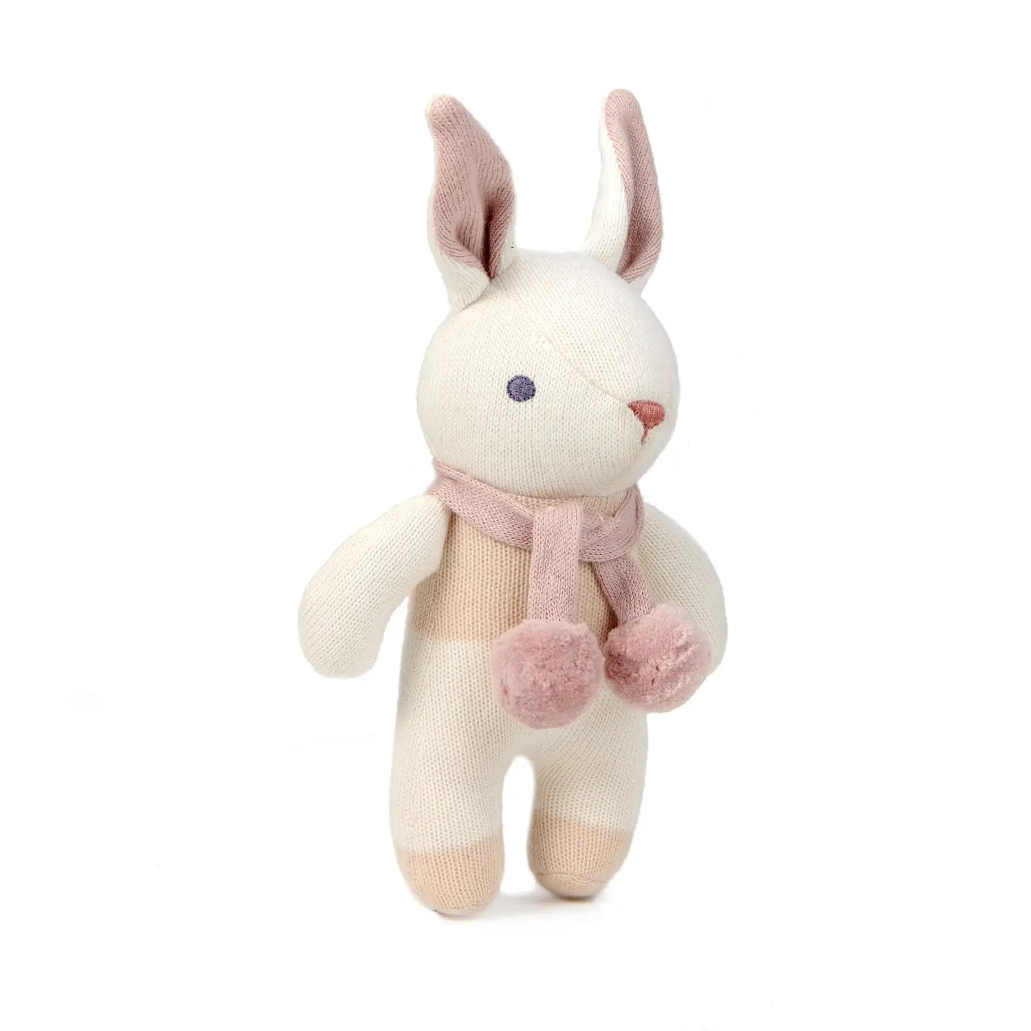 Stuffed rabbit toy with a pink scarf on a white background