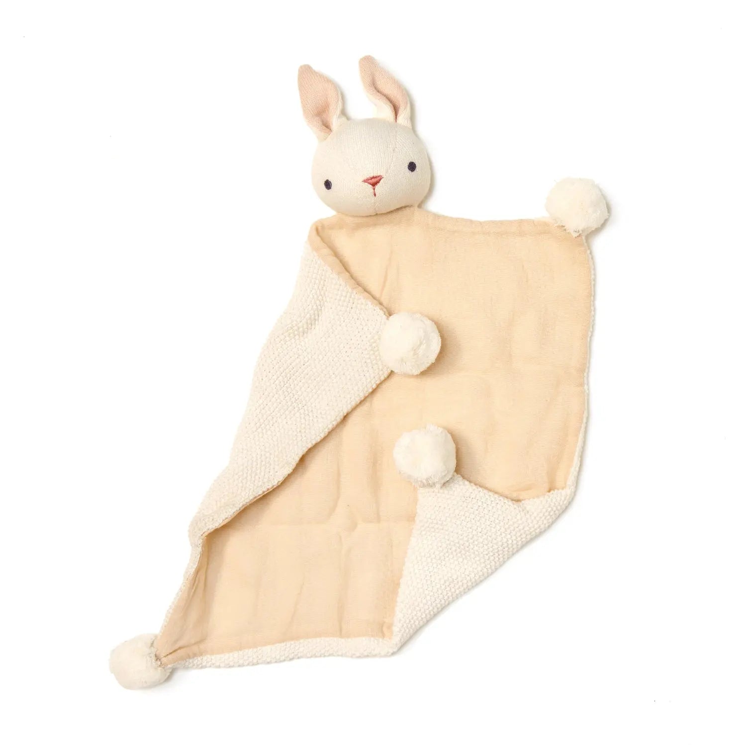 Baby comfort blanket with bunny head and pom-pom details on a white background