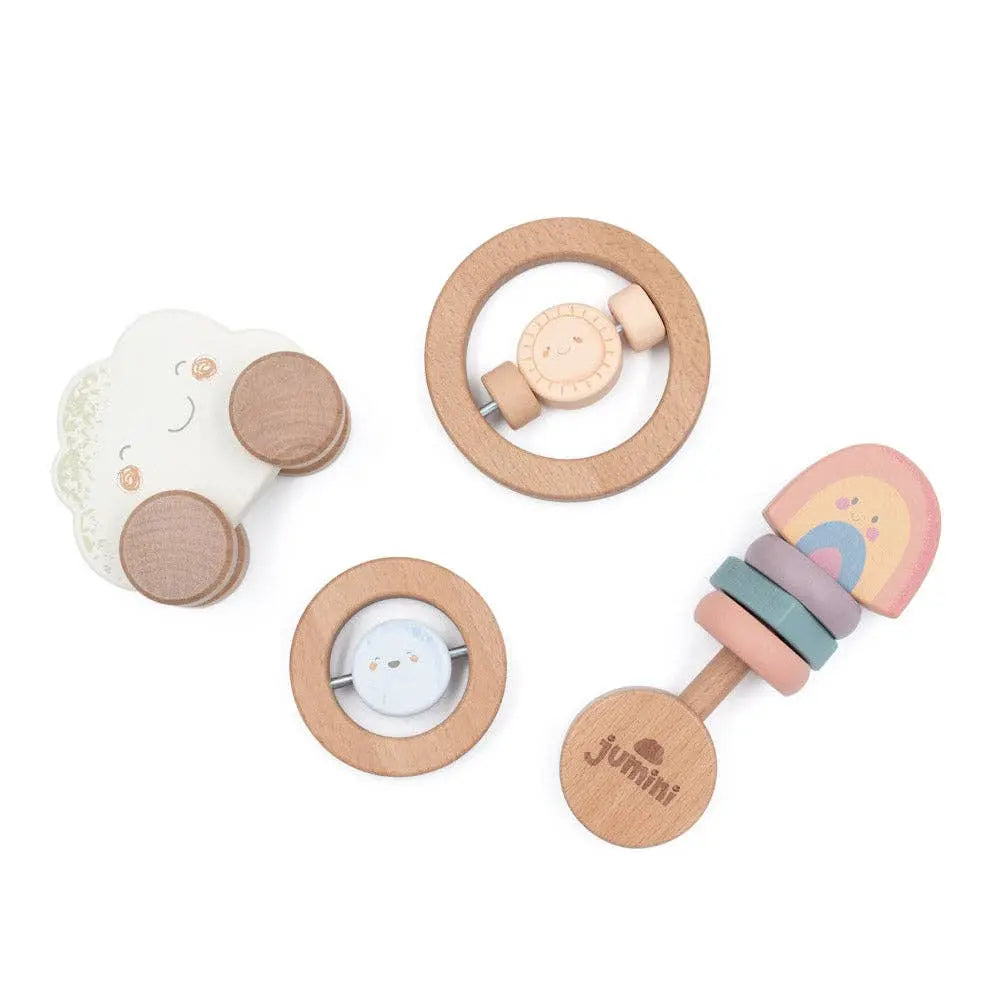Set of wooden baby toys with different designs on a white background