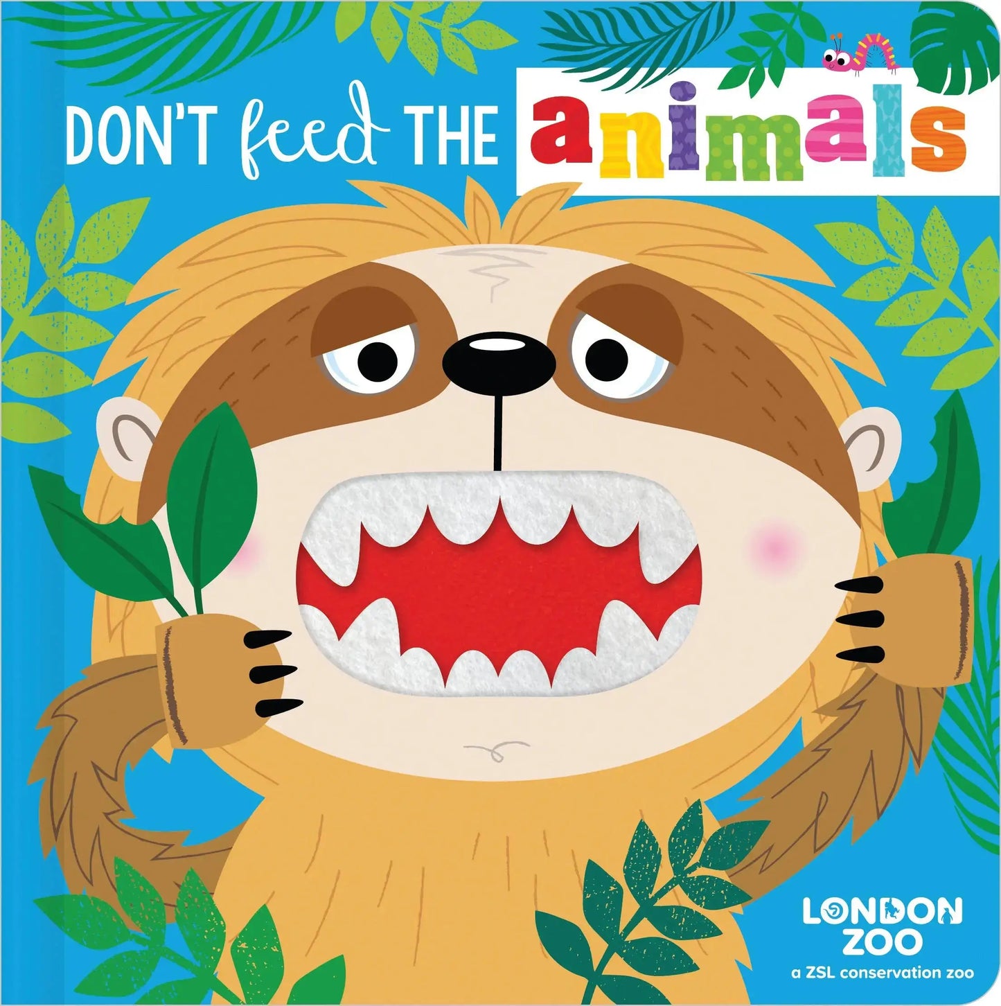 Book cover with a cartoon lion and text 'Don't feed the animals' on a blue background with green leaves.