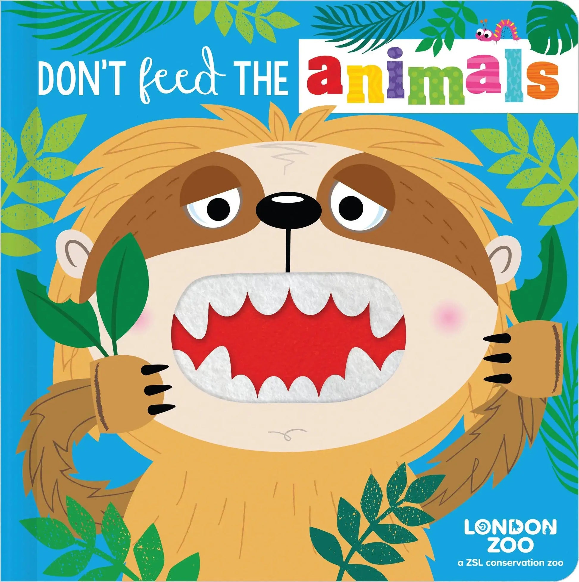 Book cover with a cartoon lion and text 'Don't feed the animals' on a blue background with green leaves.