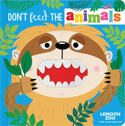 Book cover with a cartoon lion and text 'Don't feed the animals' on a blue background with green leaves.