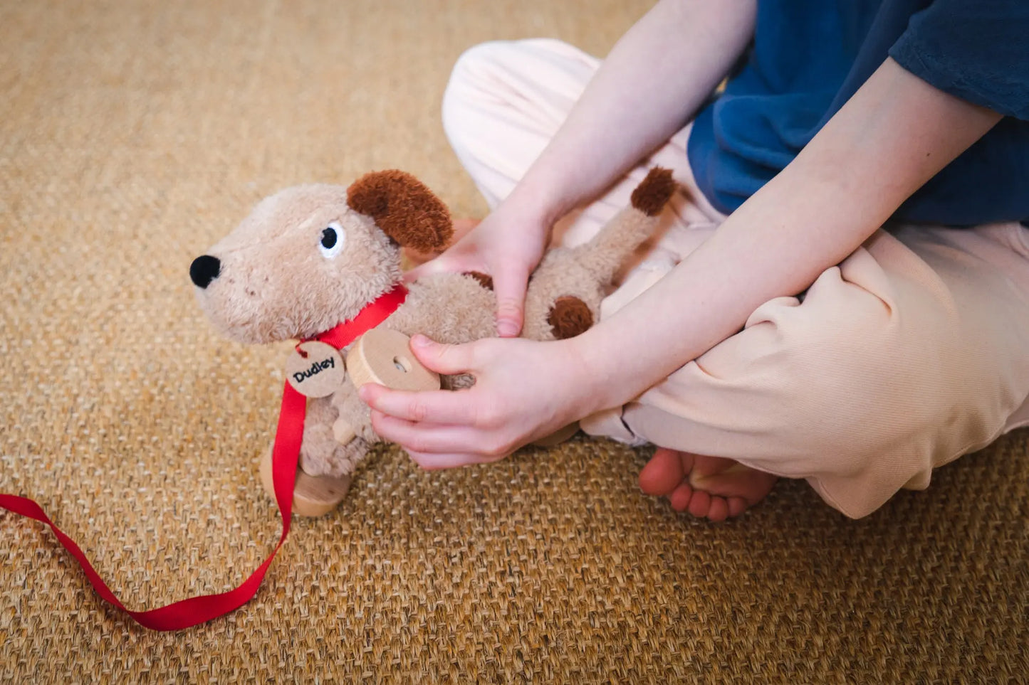 Child holding a cute dog with a red ribbon on a carpeted floor