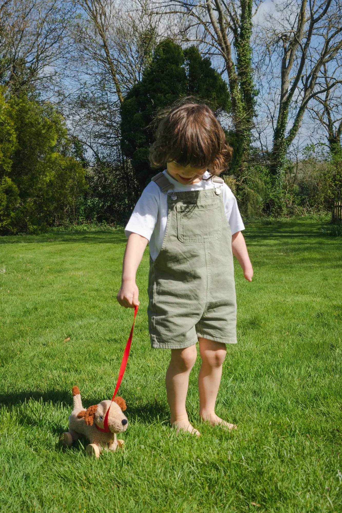 Child in green dungarees walking a small toy dog on a leash in a grassy field.