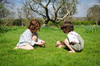 Two children playing with a toy dog on a grassy field.