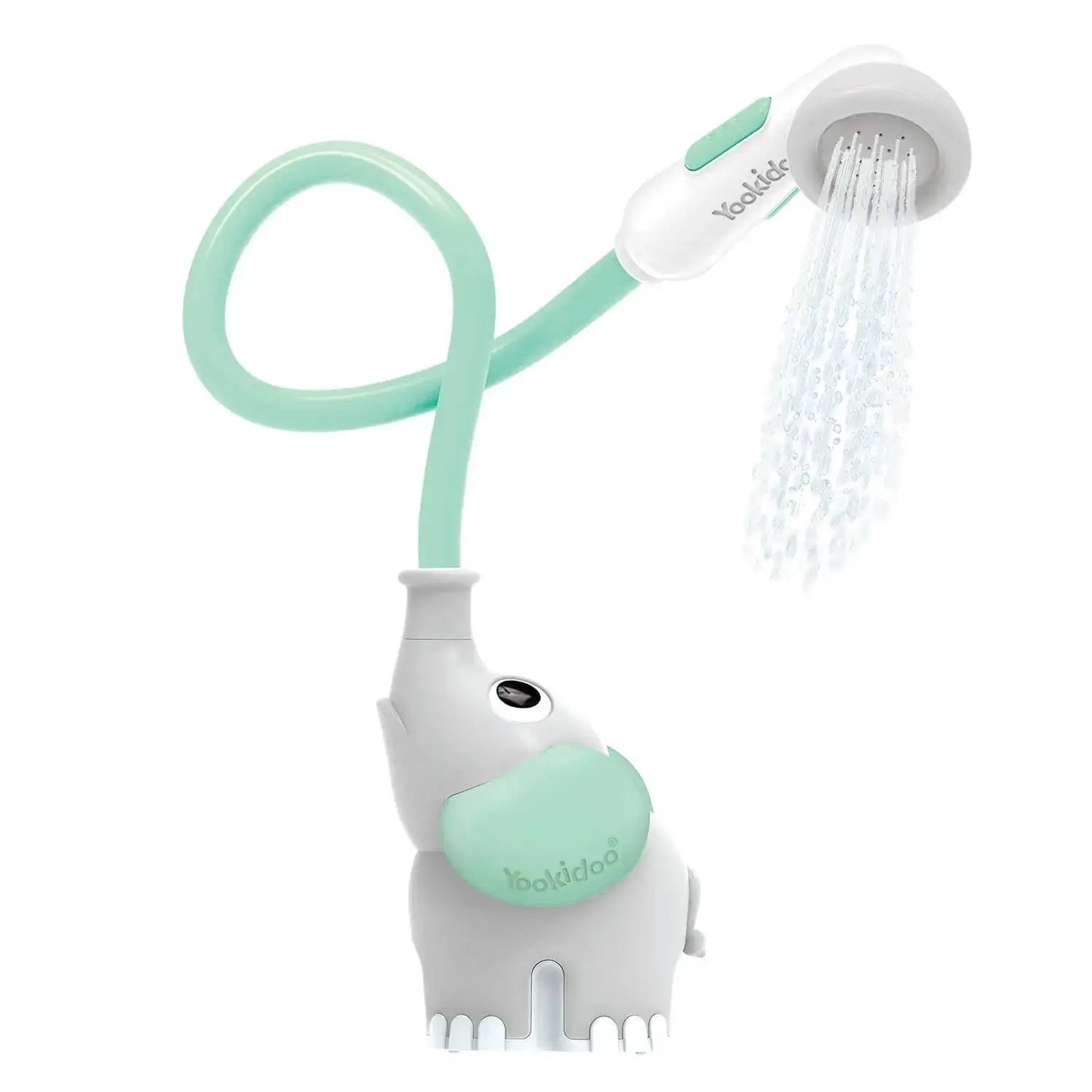 Shower head with flexible hose and white base on a white background