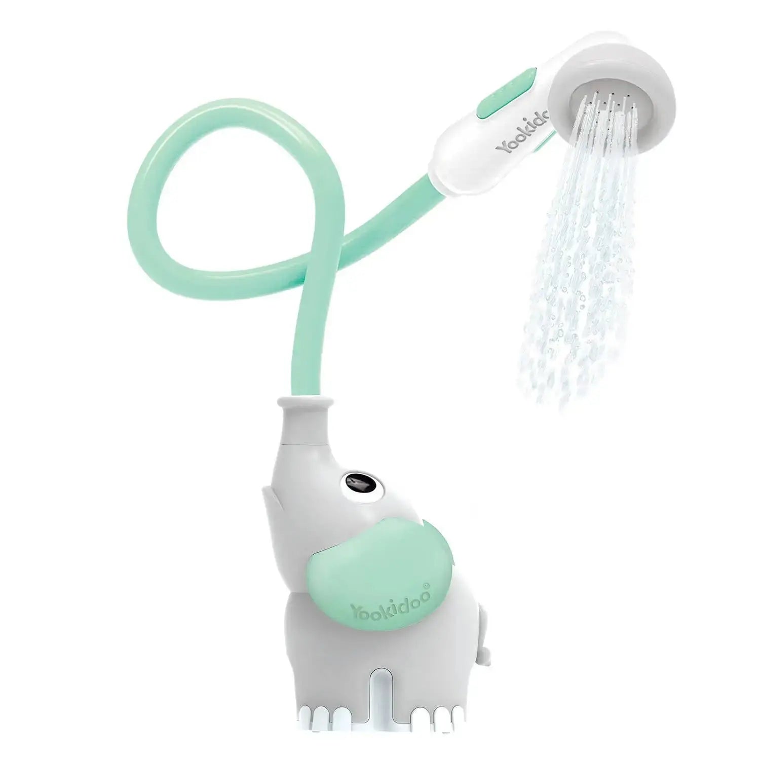 Shower head with flexible hose and white base on a white background