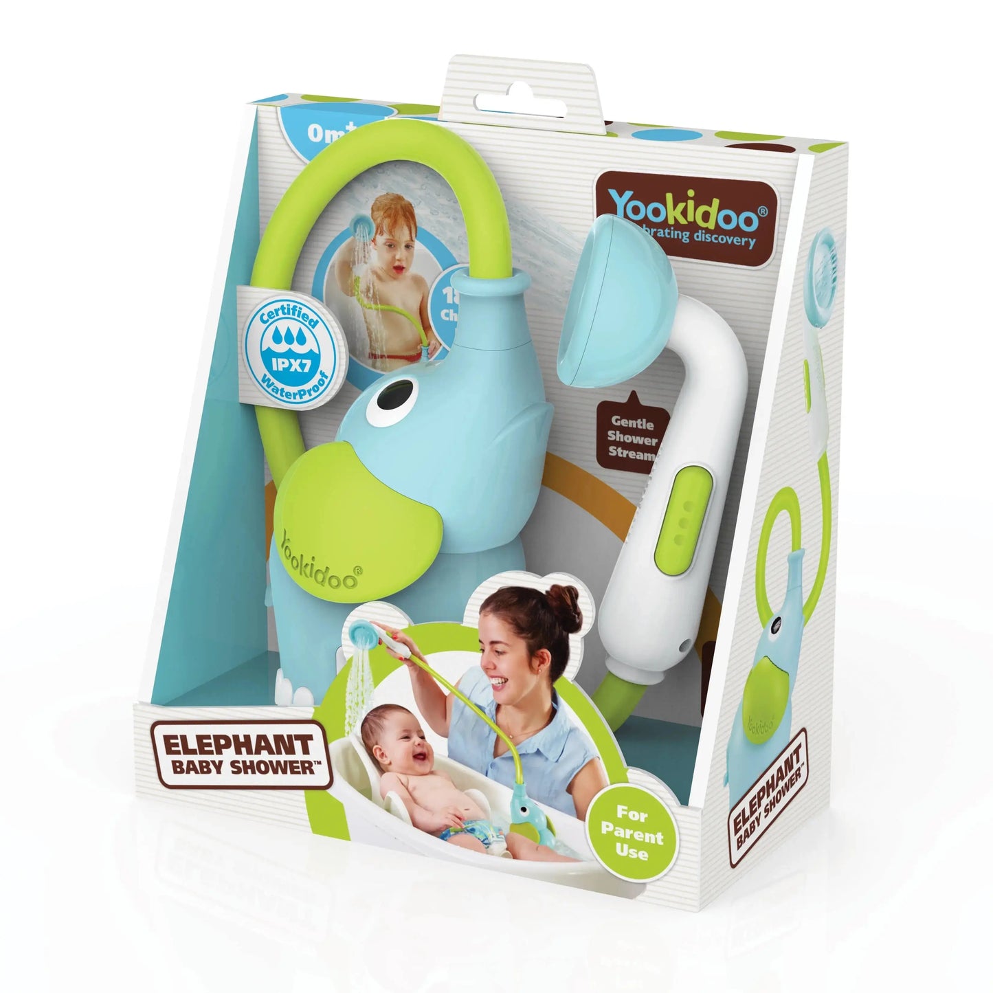 Yookidoo elephant baby shower toy packaging on a white background