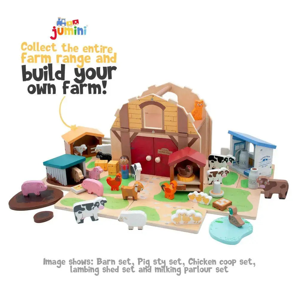 Wooden farm toy set with animals and buildings on a white background, featuring Jumini branding.