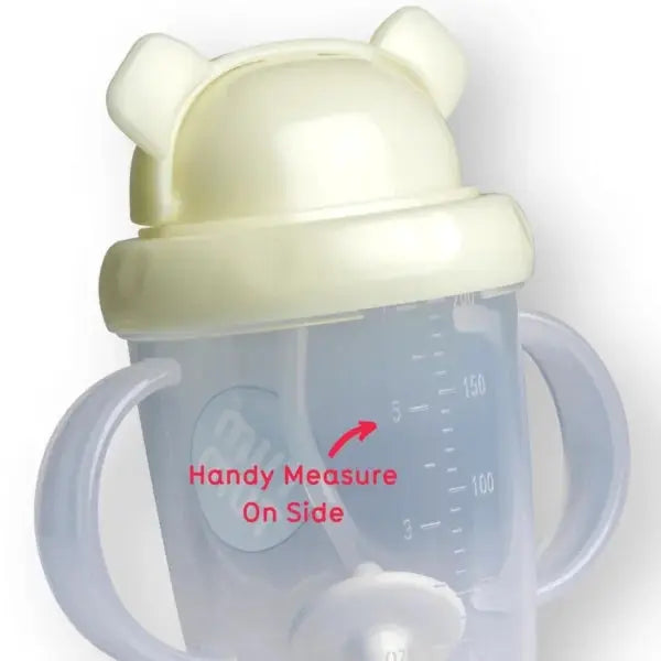 Baby sippy cup with a lid featuring polar bear ears on a white background