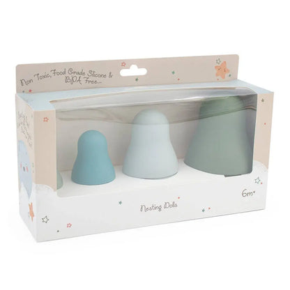 Set of four silicone nesting dolls in pastel colours in a decorative box.
