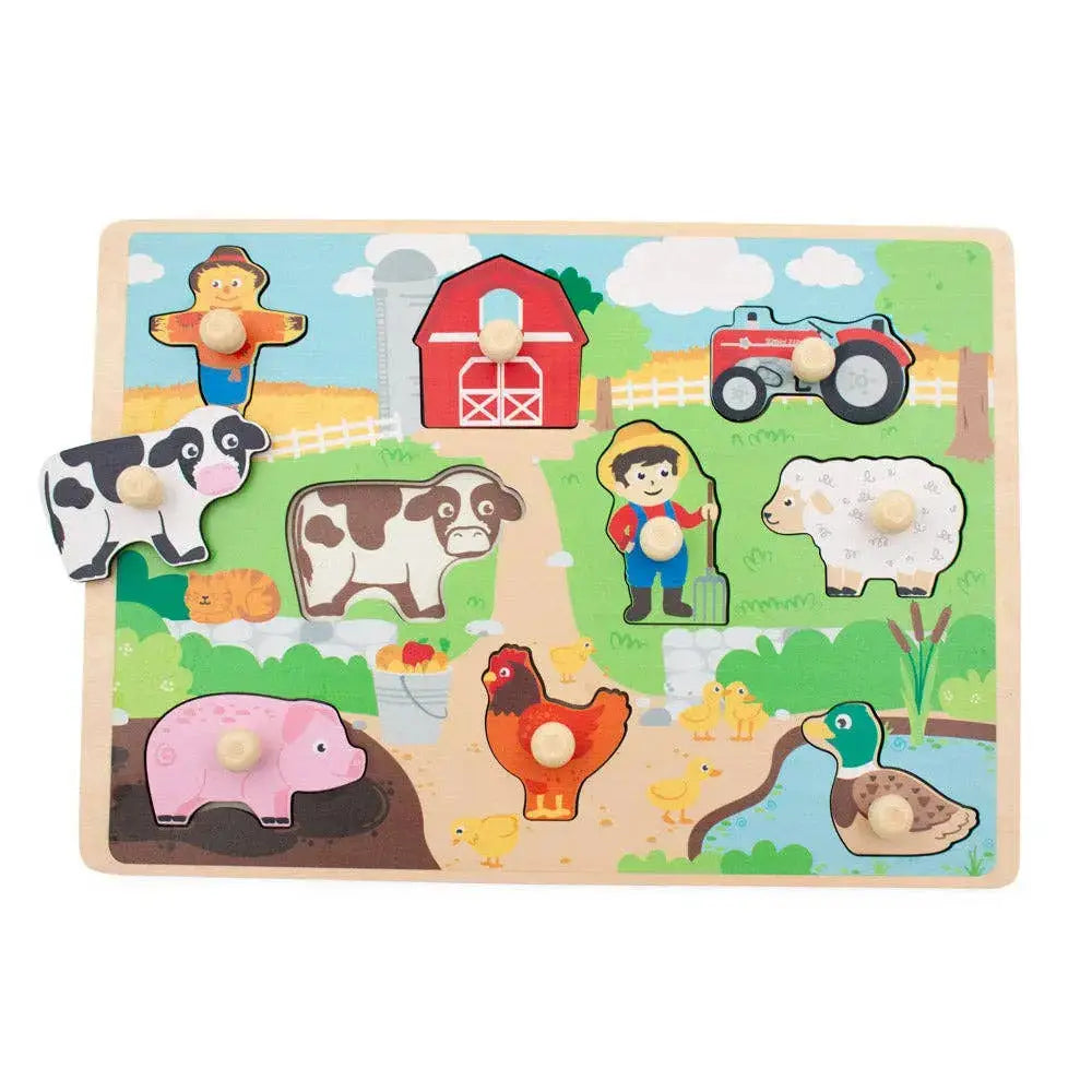 Wooden farm-themed puzzle with animals and a barn on a white background