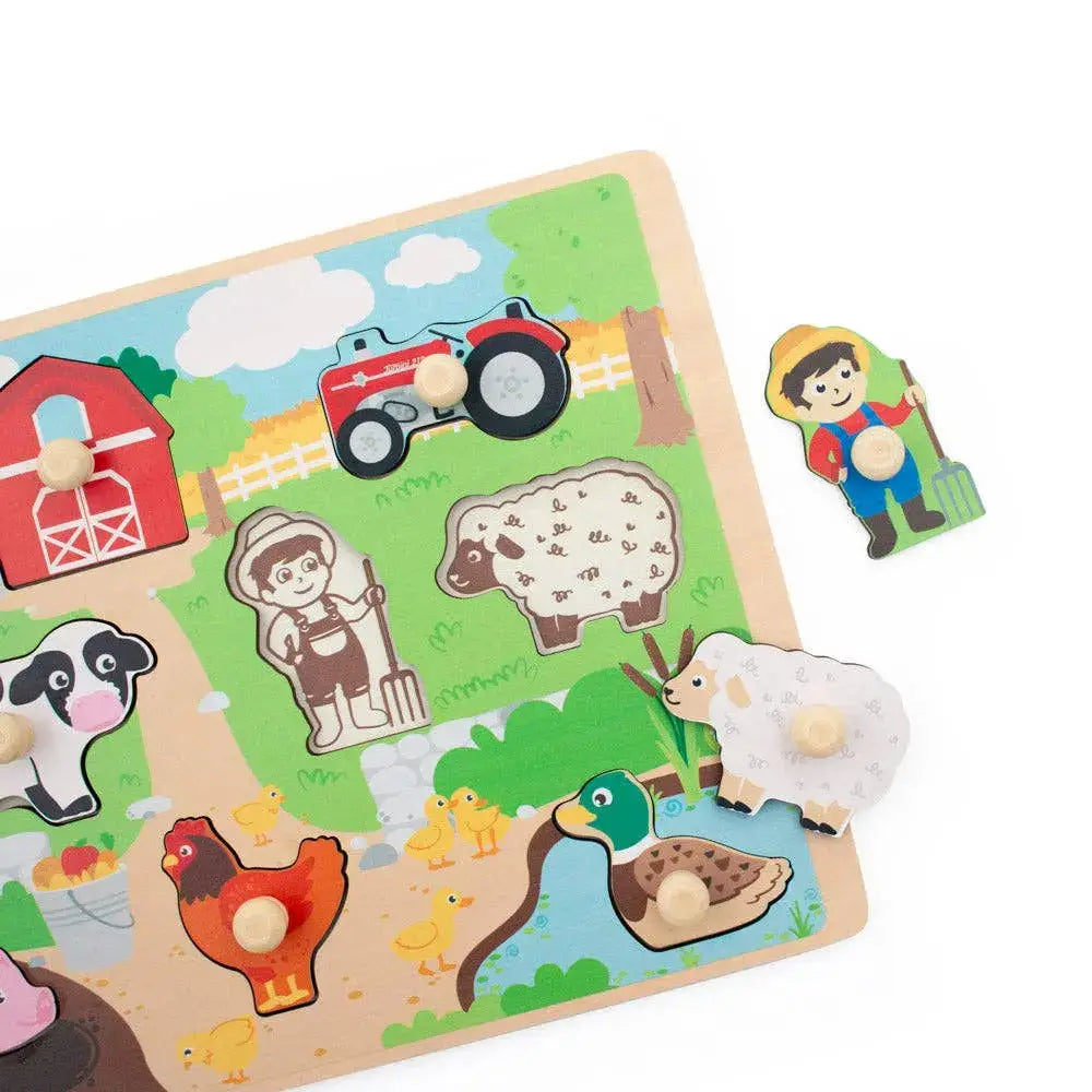 Wooden farm-themed puzzle with colourful illustrations and character cutouts on a white background