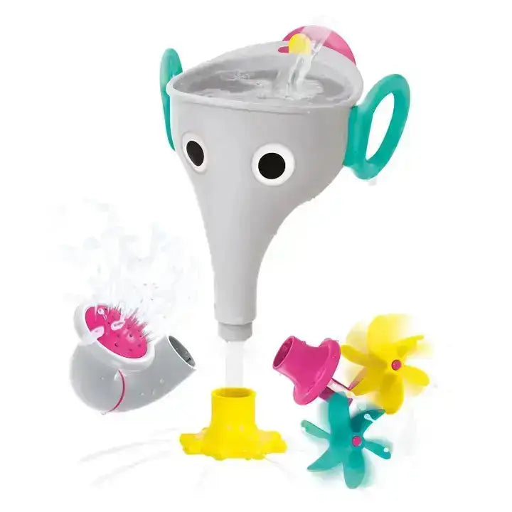 Children's bath toy with elephant design and colorful attachments on a white background