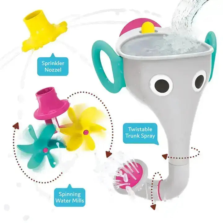 Children's toy elephant with sprinkler nozzle, twistable trunk spray, and spinning water mills on a white background.