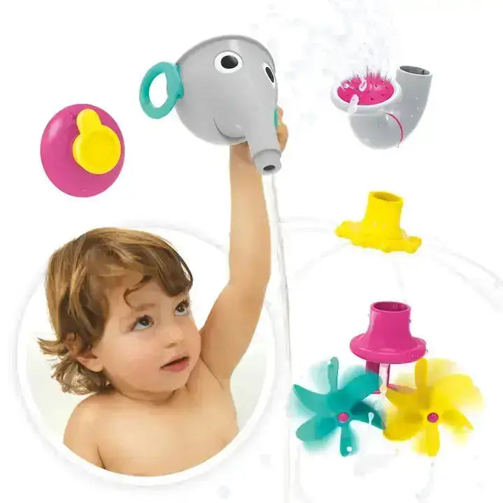 Child playing with a colourful bath toy set featuring a grey elephant-shaped sprayer.