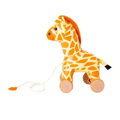 Wooden giraffe toy with wheels on a white background