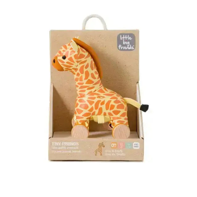 Plush giraffe toy in a cardboard box with 'Little Big Friends' branding on a white background.