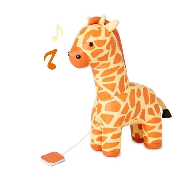 Toy giraffe with a music note icon on a white background
