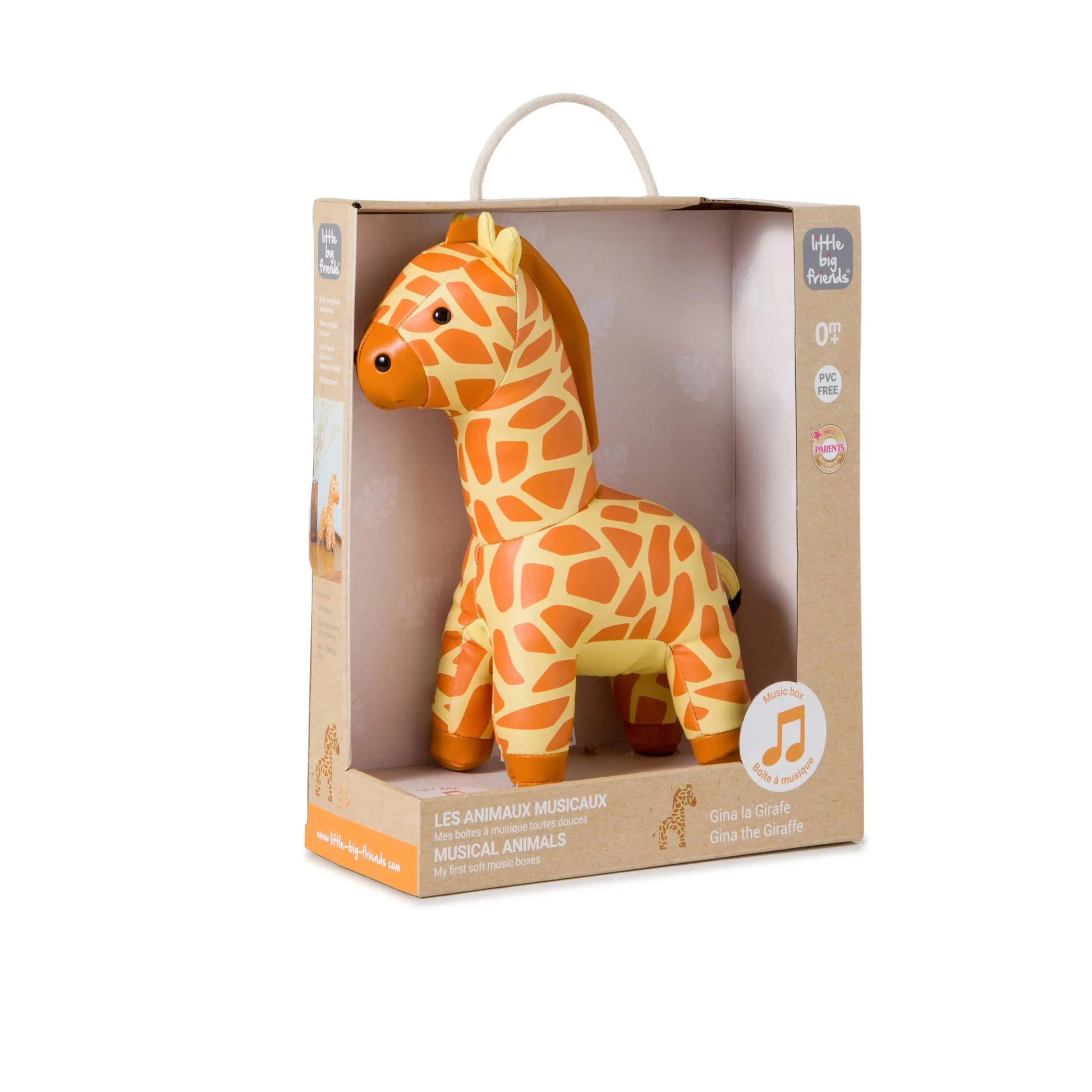 Giraffe-shaped toy in a cardboard box on a white background