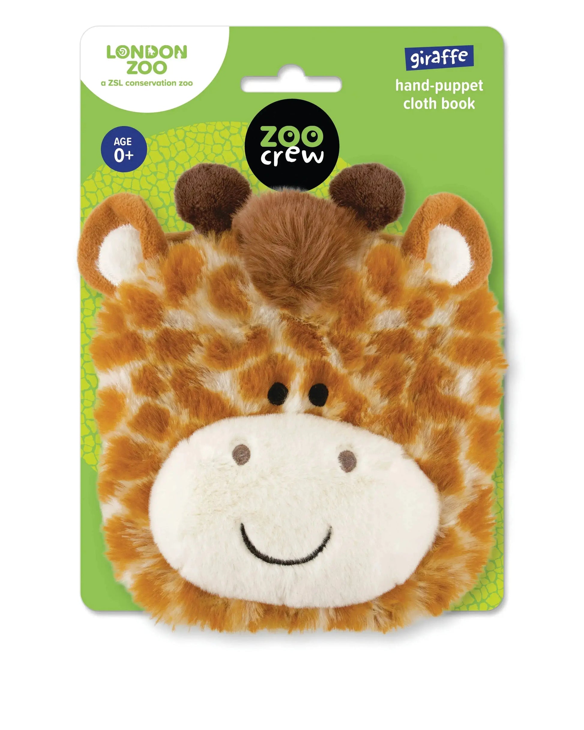 Giraffe-shaped hand-puppet cloth book on a green packaging with 'Zoo Crew' branding.