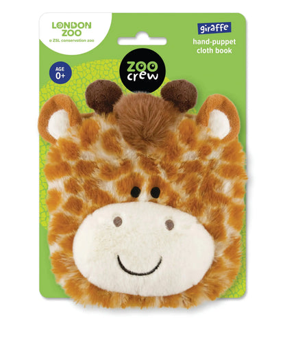 Giraffe-shaped hand-puppet cloth book on a green packaging with 'Zoo Crew' branding.