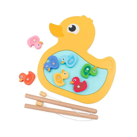 Yellow duck-shaped magnetic fishing game with colourful duck pieces on a white background