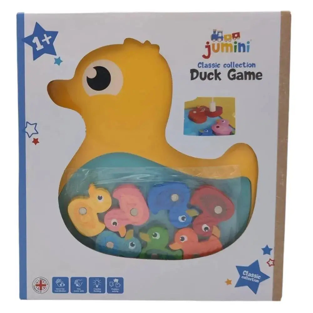 Jumini duck game toy packaging with colorful ducks and letters on a white background