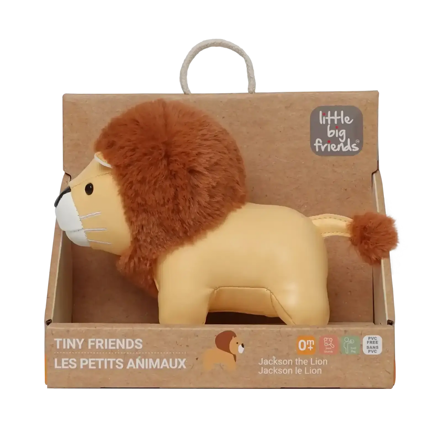 Plush lion toy in a cardboard packaging on a white background