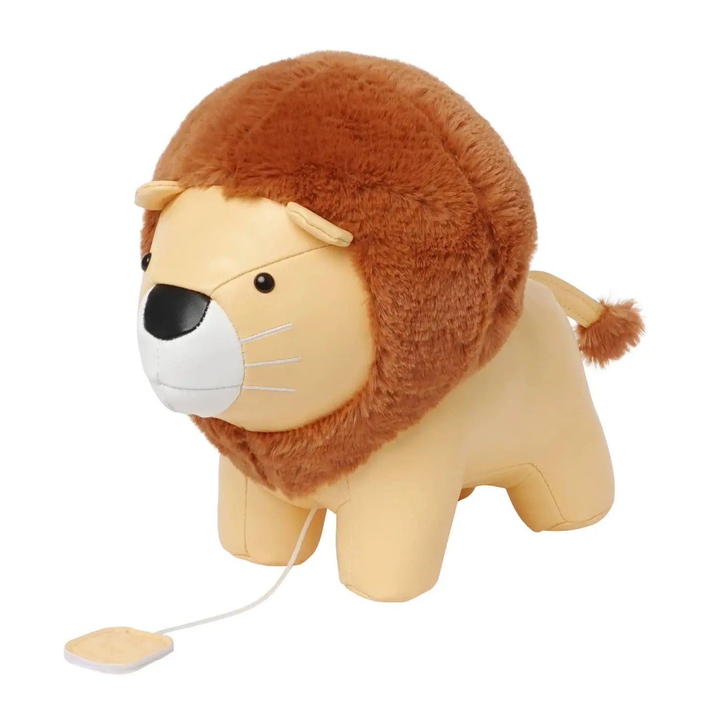 Toy lion with a string on a white background