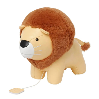 Toy lion with a string on a white background